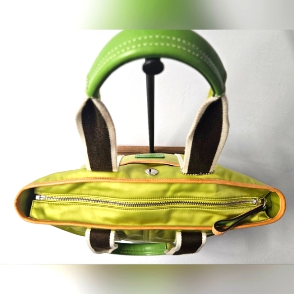 Coach Hamptons Reversible Tote Bag. Lime Green Sateen Nylon, Leather Trim. EUC. - Picture 3 of 9